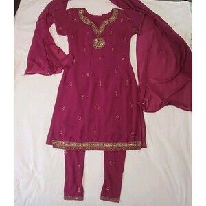Traditional Indian 3 Pc Kurta Salwar Dupatta Hand Embroidered Artisan Beadwork